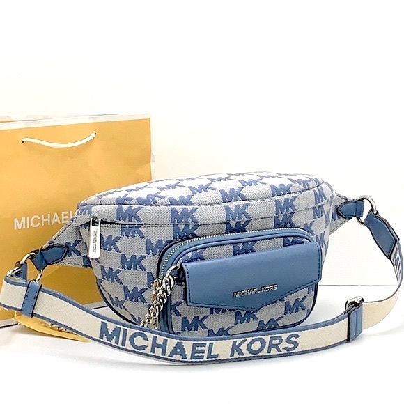 MICHAEL KORS Maisie Large Logo 2-in-1 Sling Waist Fanny Pack Crossbody  Denim/si - Picture 1 of 15